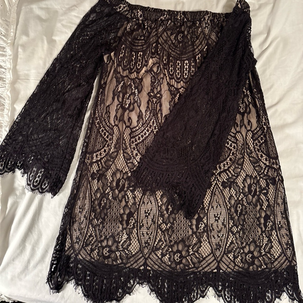 Whimsigoth Black Lace Off-Shoulder Chemise Shift Dress Mini Scalloped Sexy Dark